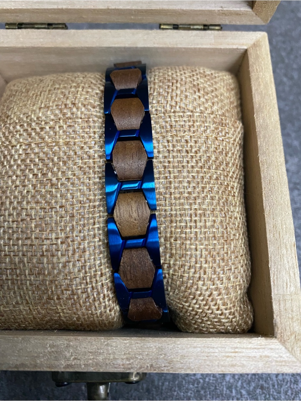 Blue and Brown Men's Metal & Wood Link Bracelet